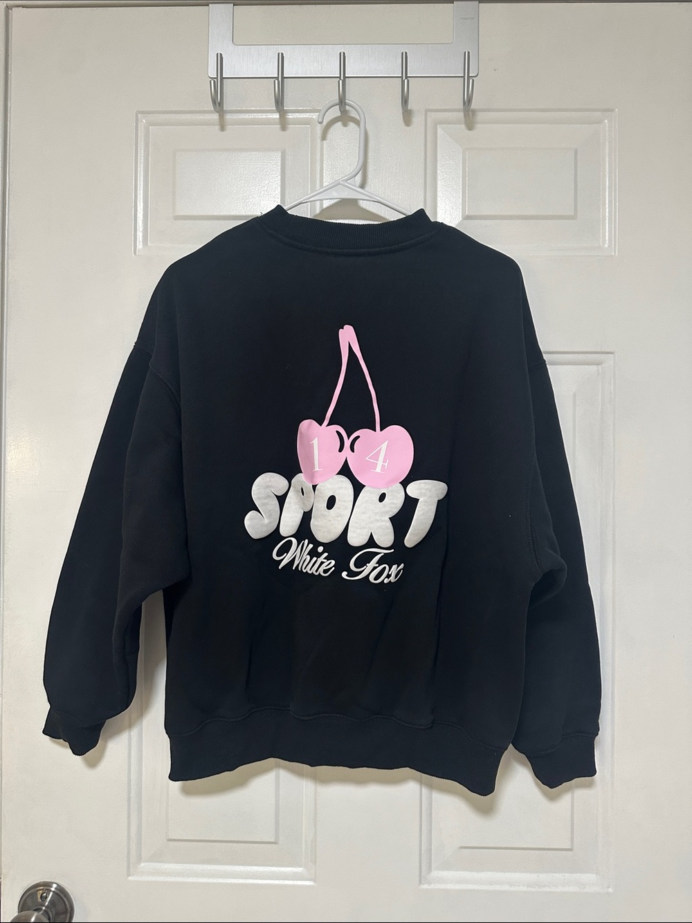White Fox Boutique Black Crew Sweatshirt with Pink Cherry Graphic